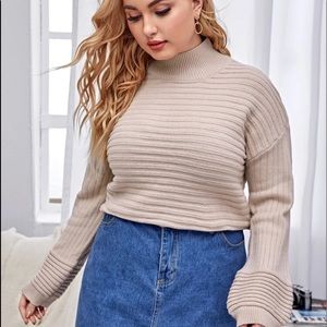 Mock Neck Textured Bishop Sleeve Sweater - Beige